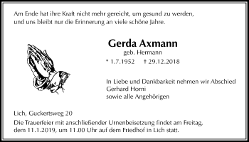 Traueranzeige von Gerda Axmann von Licher Wochenblatt, Licher Wochenblatt, Licher Wochenblatt