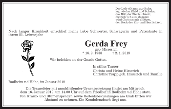 Traueranzeige von Gerda Frey von Wetterauer Zeitung, Wetterauer Zeitung
