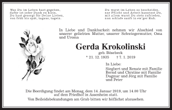 Traueranzeige von Gerda Krokolinski von Wetterauer Zeitung, Wetterauer Zeitung