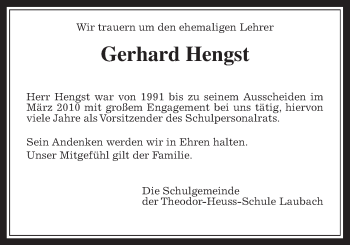 Traueranzeige von Gerhard Hengst von Laubacher Anzeiger