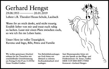 Traueranzeige von Gerhard Hengst von Laubacher Anzeiger