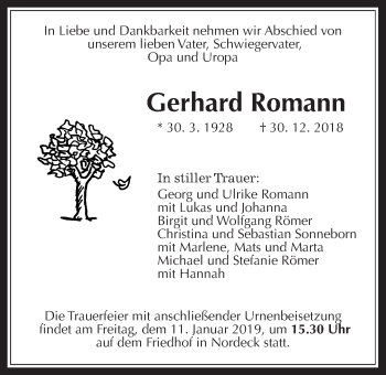 Traueranzeige von Gerhard Romann von Giessener Allgemeine, Alsfelder Allgemeine