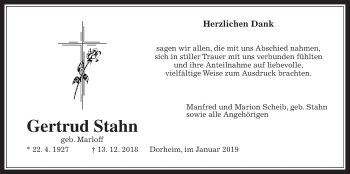 Traueranzeige von Gertrud Stahn von Wetterauer Zeitung, Wetterauer Zeitung