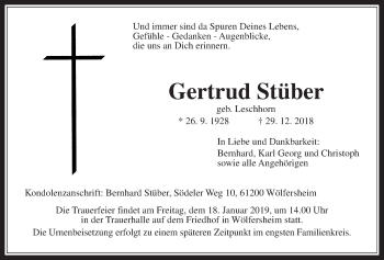 Traueranzeige von Gertrud Stüber von Wetterauer Zeitung, Wetterauer Zeitung