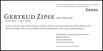 Traueranzeige von Gertrud Zipse von Giessener Allgemeine, Alsfelder Allgemeine