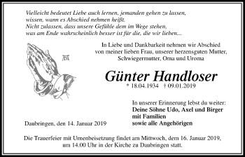 Traueranzeige von Günter Handloser von Giessener Allgemeine, Alsfelder Allgemeine