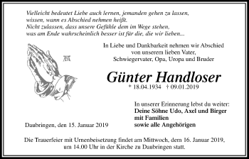 Traueranzeige von Günter Handloser von Giessener Allgemeine, Alsfelder Allgemeine