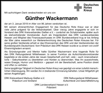 Traueranzeige von Günther Wackermann von Giessener Allgemeine, Alsfelder Allgemeine