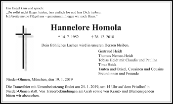 Traueranzeige von Hannelore Homola von Giessener Allgemeine, Alsfelder Allgemeine