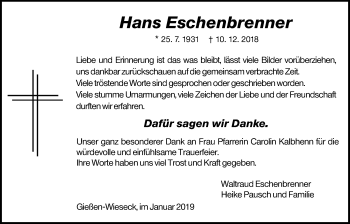 Traueranzeige von Hans Eschenbrenner von Giessener Allgemeine, Alsfelder Allgemeine