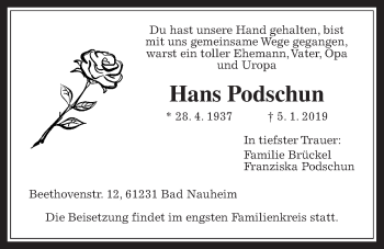 Traueranzeige von Hans Podschun von Wetterauer Zeitung, Wetterauer Zeitung