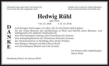 Traueranzeige von Hedwig Rühl von Alsfelder Allgemeine