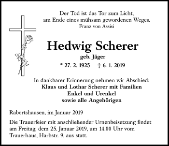 Traueranzeige von Hedwig Scherer von Licher Wochenblatt, Licher Wochenblatt, Licher Wochenblatt