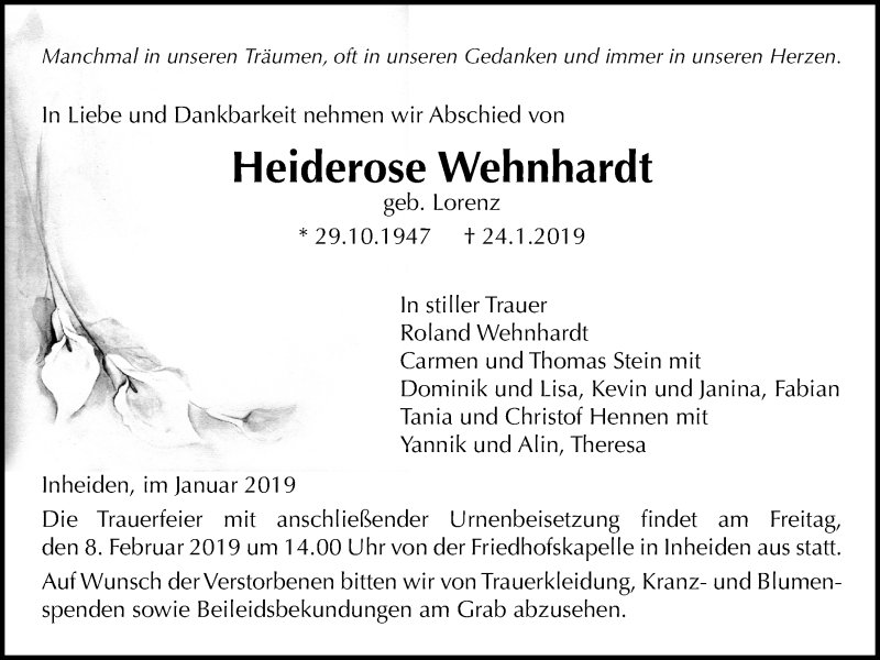  Traueranzeige für Heiderose Wehnhardt vom 31.01.2019 aus Licher Wochenblatt, Licher Wochenblatt, Licher Wochenblatt
