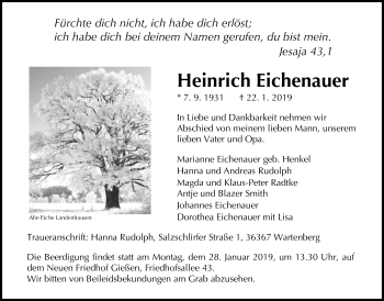 Traueranzeige von Heinrich Eichenauer von Giessener Allgemeine, Alsfelder Allgemeine