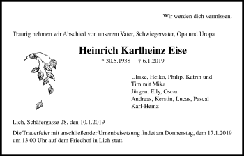 Traueranzeige von Heinrich Karlheinz Eise von Licher Wochenblatt, Licher Wochenblatt, Licher Wochenblatt