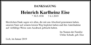 Traueranzeige von Heinrich Karlheinz Eise von Licher Wochenblatt, Licher Wochenblatt, Licher Wochenblatt