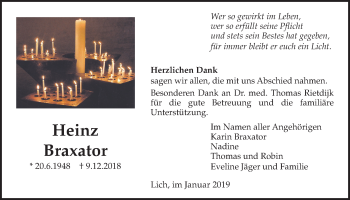 Traueranzeige von Heinz Braxator von Licher Wochenblatt, Licher Wochenblatt, Licher Wochenblatt