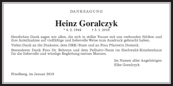 Traueranzeige von Heinz Goralczyk von Wetterauer Zeitung, Wetterauer Zeitung