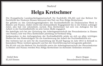 Traueranzeige von Helga Kretschmer von Wetterauer Zeitung, Wetterauer Zeitung