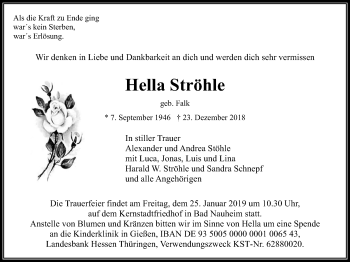 Traueranzeige von Hella Ströhle von Wetterauer Zeitung, Wetterauer Zeitung