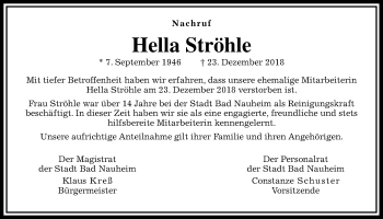 Traueranzeige von Hella Ströhle von Wetterauer Zeitung, Wetterauer Zeitung