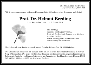 Traueranzeige von Helmut Berding von Giessener Allgemeine, Alsfelder Allgemeine