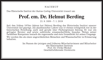 Traueranzeige von Helmut Berding von Giessener Allgemeine, Alsfelder Allgemeine