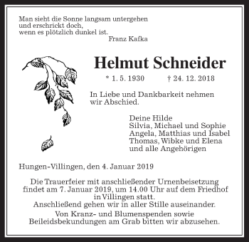 Traueranzeige von Helmut Schneider von Giessener Allgemeine, Alsfelder Allgemeine