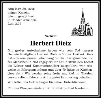 Traueranzeige von Herbert Dietz von Wetterauer Zeitung, Wetterauer Zeitung