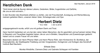 Traueranzeige von Herbert Dietz von Wetterauer Zeitung, Wetterauer Zeitung
