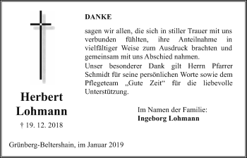 Traueranzeige von Herbert Lohmann von Giessener Allgemeine, Alsfelder Allgemeine