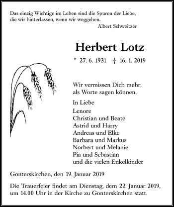 Traueranzeige von Herbert Lotz von Giessener Allgemeine, Alsfelder Allgemeine
