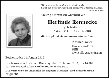 Traueranzeige von Herlinde Rennecke von Giessener Allgemeine, Alsfelder Allgemeine