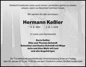 Traueranzeige von Hermann Keßler von Giessener Allgemeine, Alsfelder Allgemeine