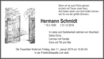 Traueranzeige von Hermann Schmidt von Licher Wochenblatt, Licher Wochenblatt, Licher Wochenblatt
