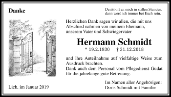 Traueranzeige von Hermann Schmidt von Licher Wochenblatt, Licher Wochenblatt, Licher Wochenblatt