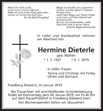 Traueranzeige von Hermine Dieterle von Wetterauer Zeitung, Wetterauer Zeitung
