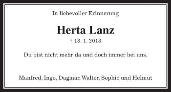 Traueranzeige von Herta Lanz von Wetterauer Zeitung, Wetterauer Zeitung, Wetterauer Zeitung