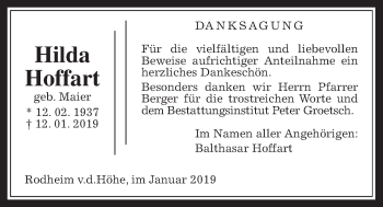 Traueranzeige von Hilda Hoffart von Wetterauer Zeitung, Wetterauer Zeitung