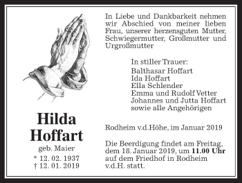 Traueranzeige von Hilda Hoffart von Wetterauer Zeitung, Wetterauer Zeitung