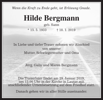 Traueranzeige von Hilde Bergmann von Giessener Allgemeine, Alsfelder Allgemeine