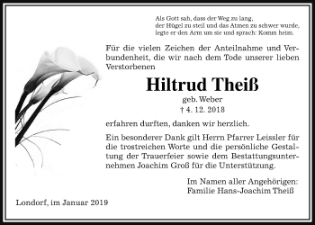 Traueranzeige von Hiltrud Theiß von Rabenauer Zeitung