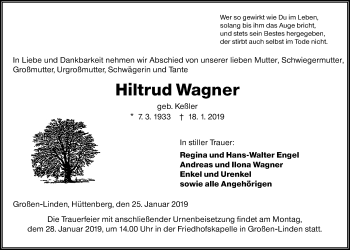 Traueranzeige von Hiltrud Wagner von Giessener Allgemeine, Alsfelder Allgemeine