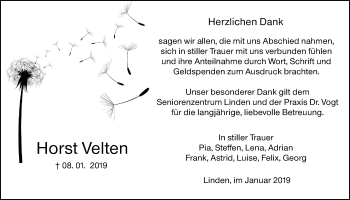 Traueranzeige von Horst Velten von Giessener Allgemeine, Alsfelder Allgemeine