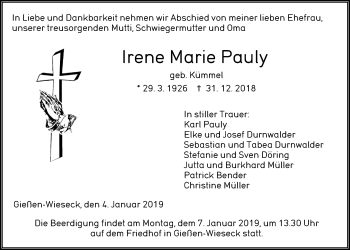 Traueranzeige von Irene Marie Pauly von Giessener Allgemeine, Alsfelder Allgemeine