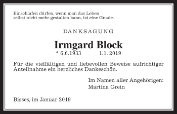 Traueranzeige von Irmgard Block von Wetterauer Zeitung, Wetterauer Zeitung