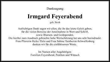 Traueranzeige von Irmgard Feyerabend von Wetterauer Zeitung, Wetterauer Zeitung