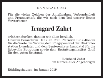 Traueranzeige von Irmgard Zahrt von Rabenauer Zeitung