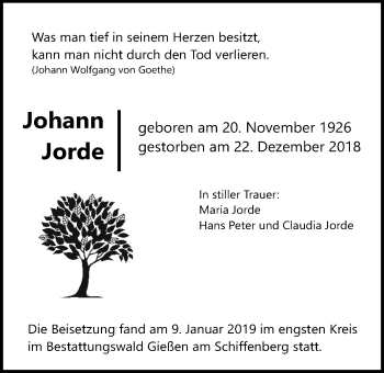 Traueranzeige von Johann Jorde von Giessener Allgemeine, Alsfelder Allgemeine